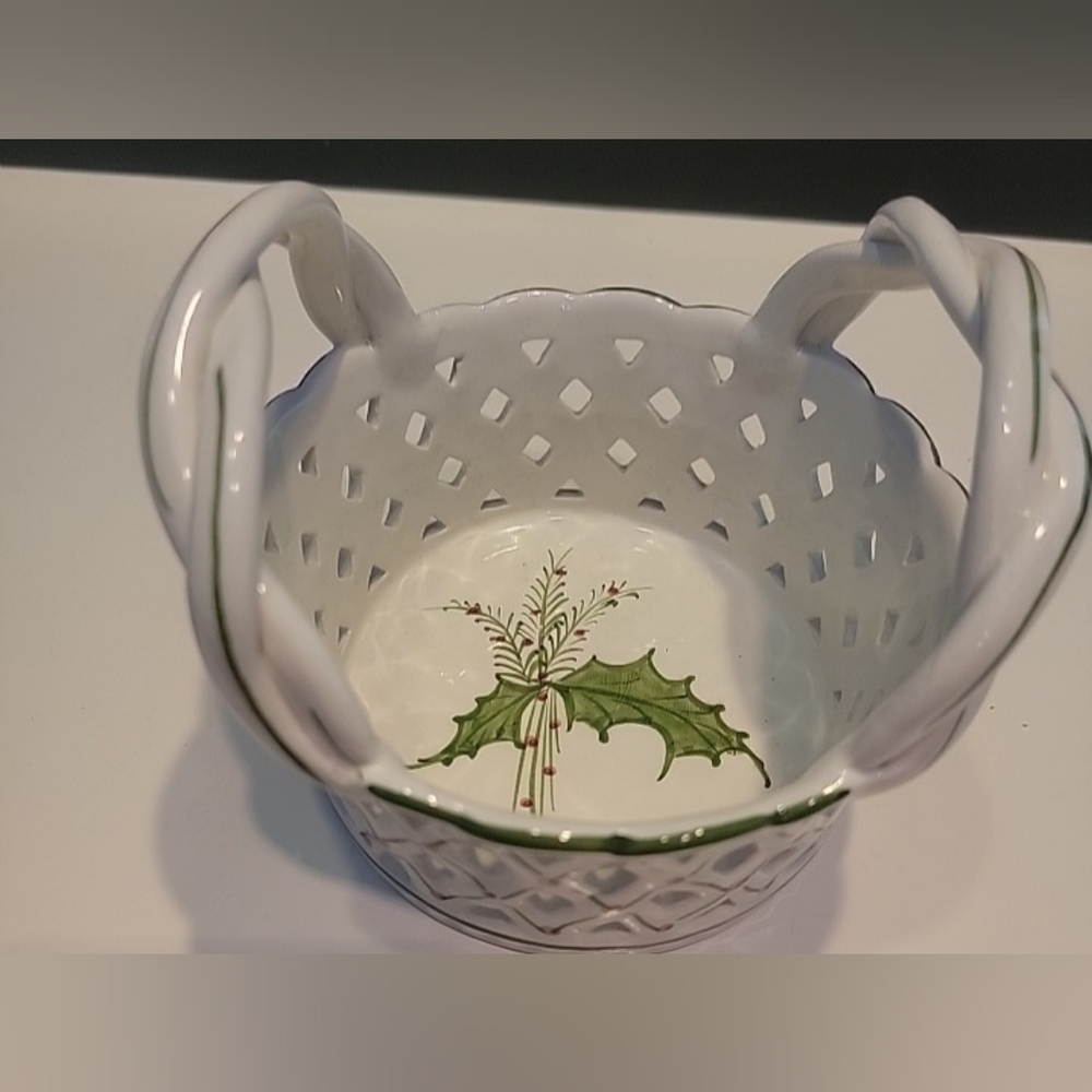 RCCL Portugal Handpainted Holly Sprigs Reticulated Holiday Basket with Handles